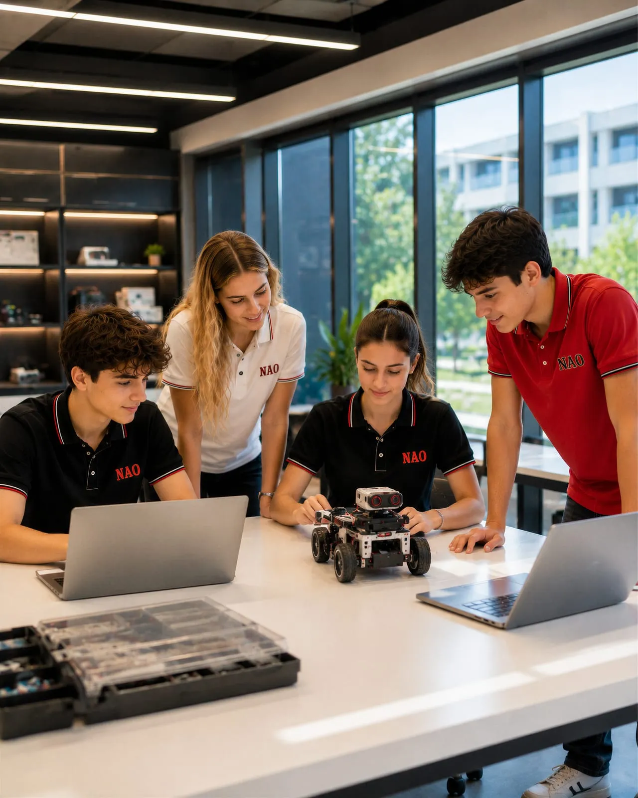 Öğrenciler robotik projesi üzerinde dizüstü bilgisayarla çalışıyor