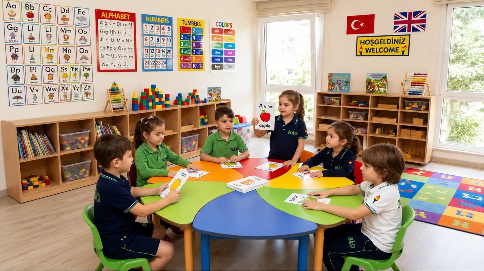 Çocuklar renkli bir masada İngilizce kelime kartlarıyla çalışıyor