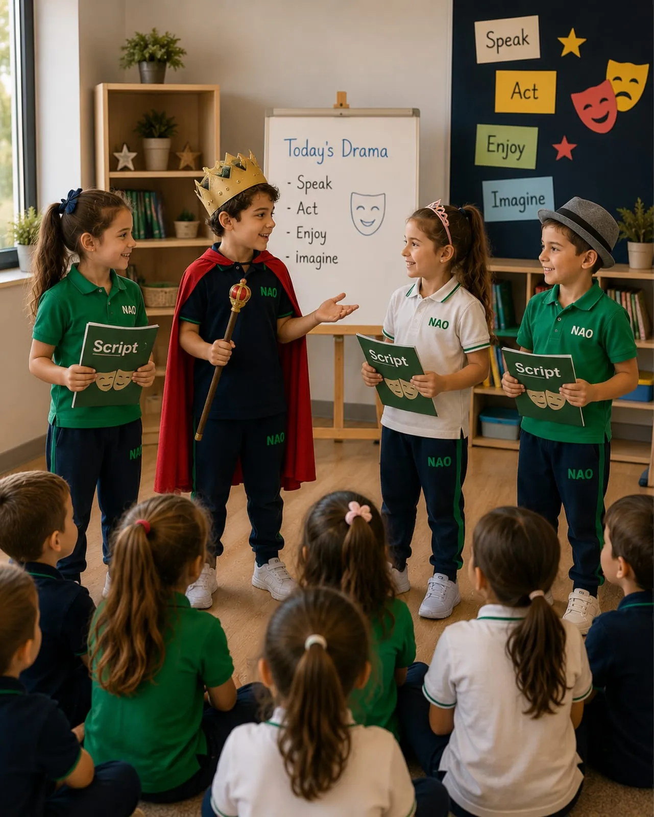 Öğrenciler sınıfta drama çalışması yapıyor