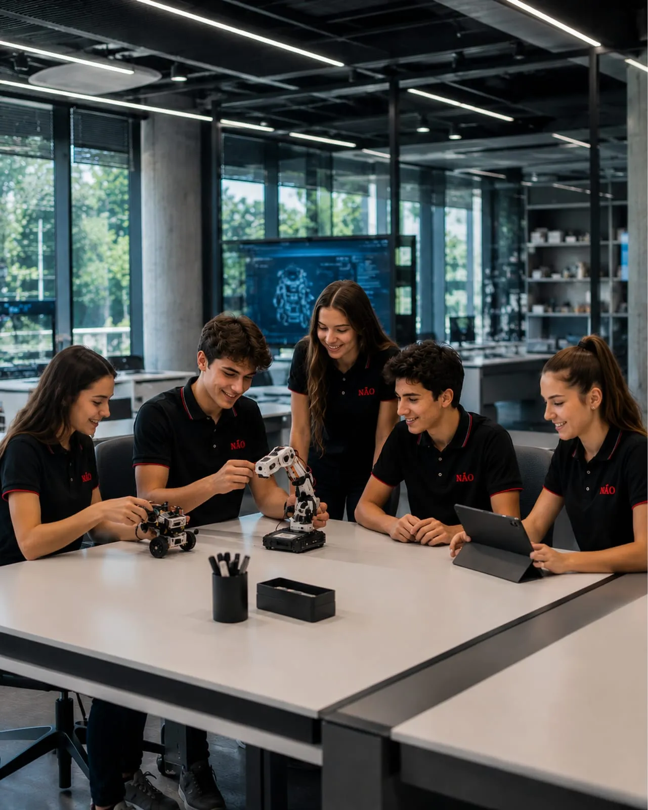 Öğrenciler laboratuvarda robot kitleriyle çalışıyor