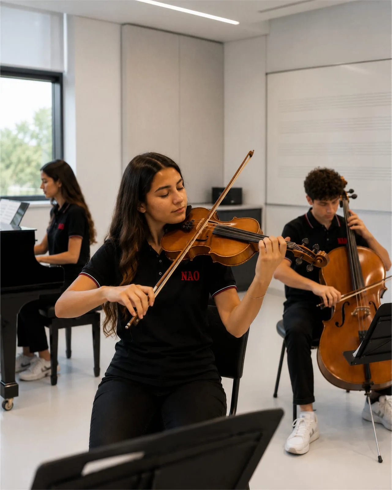 Öğrenciler müzik odasında keman ve çello çalıyor