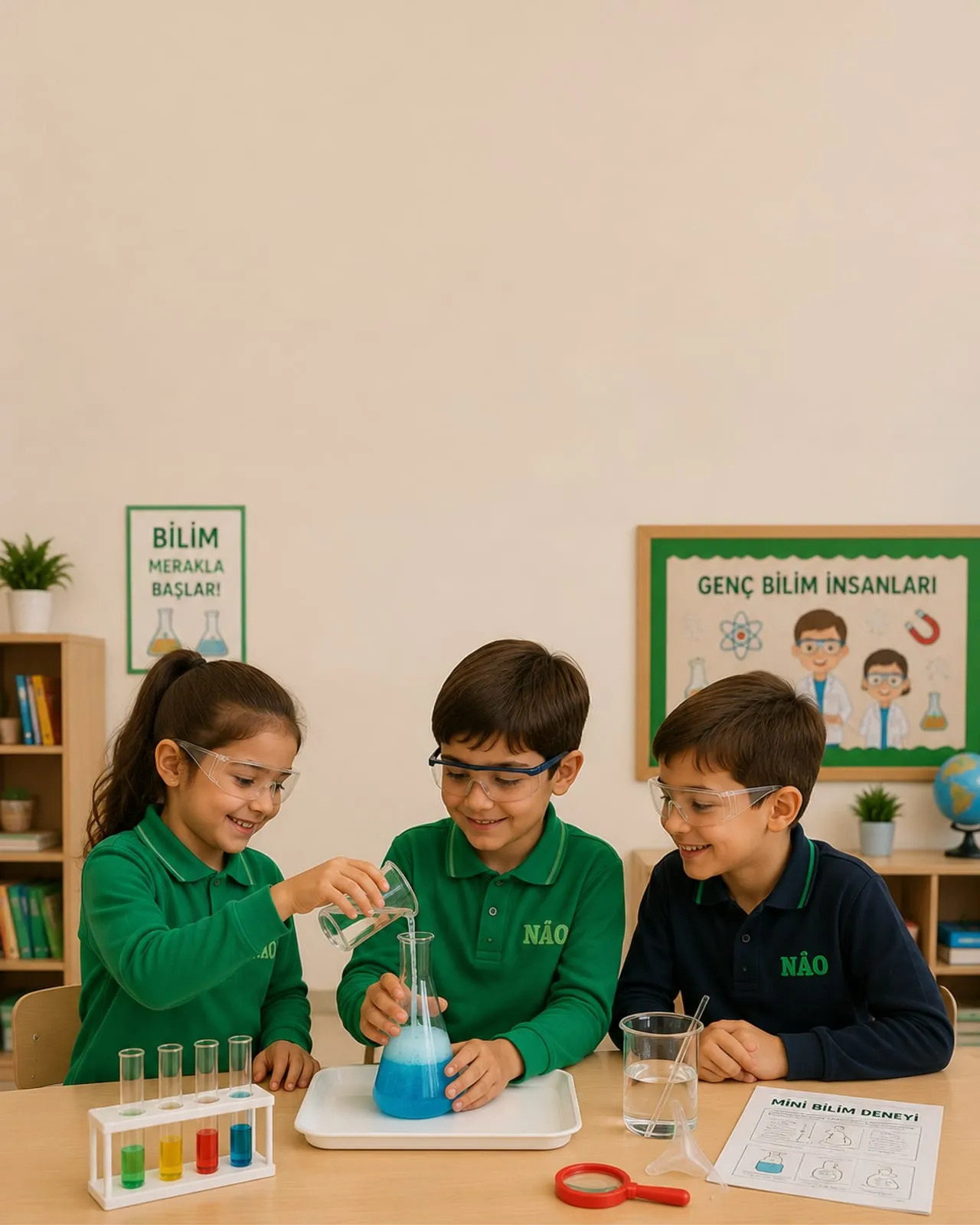 Öğrenciler fen etkinliğinde deney yapıyor