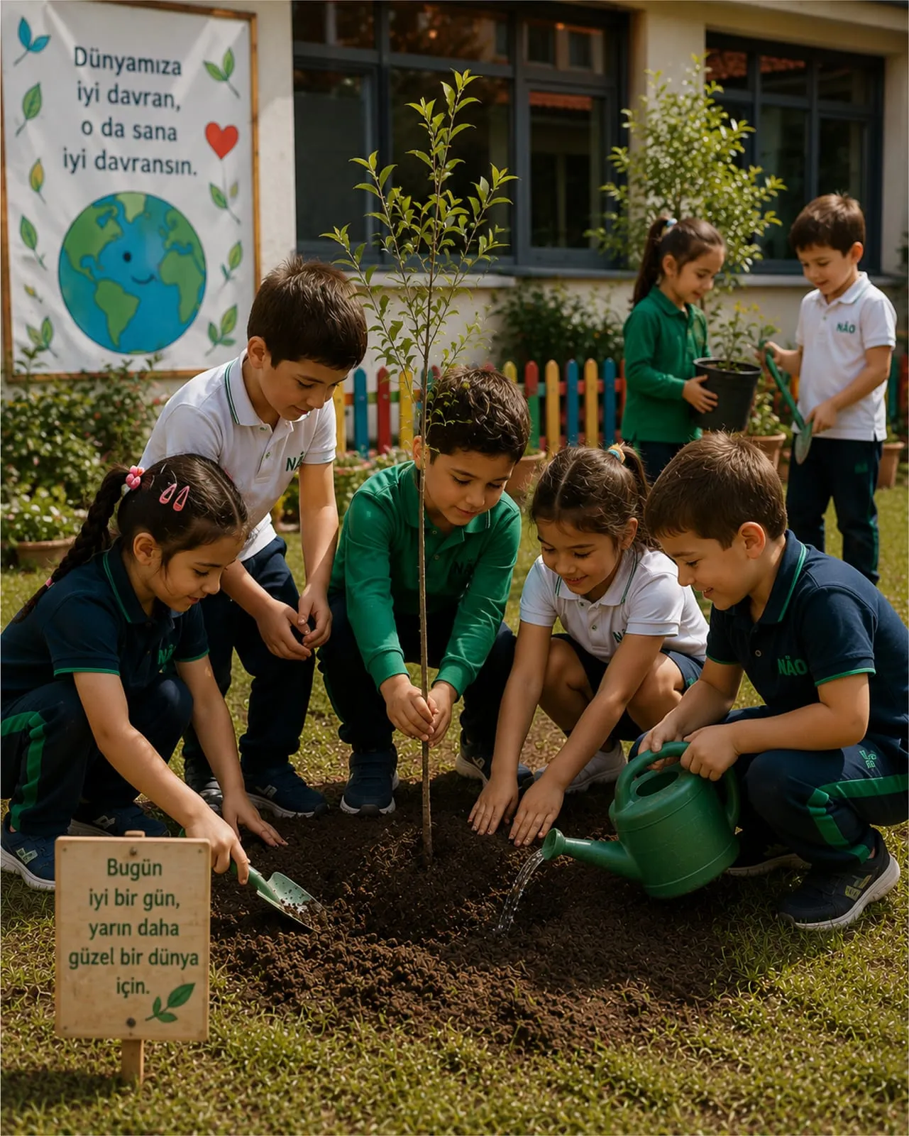 Öğrenciler okul bahçesine fidan dikiyor
