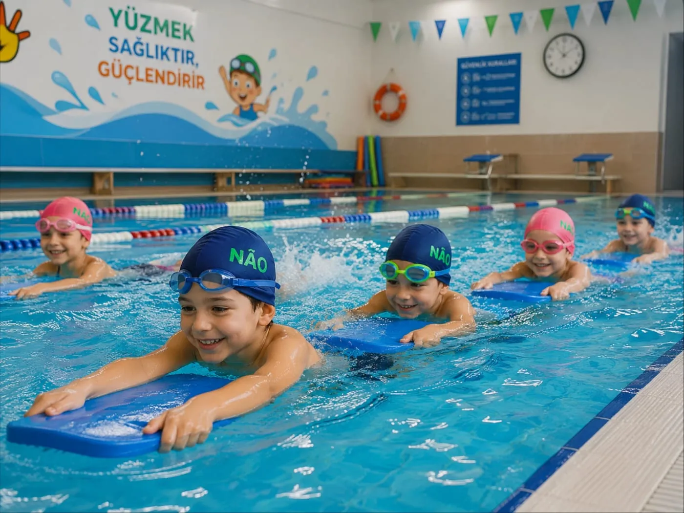 Öğrenciler kapalı yüzme havuzunda yüzme tahtalarıyla ders yapıyor