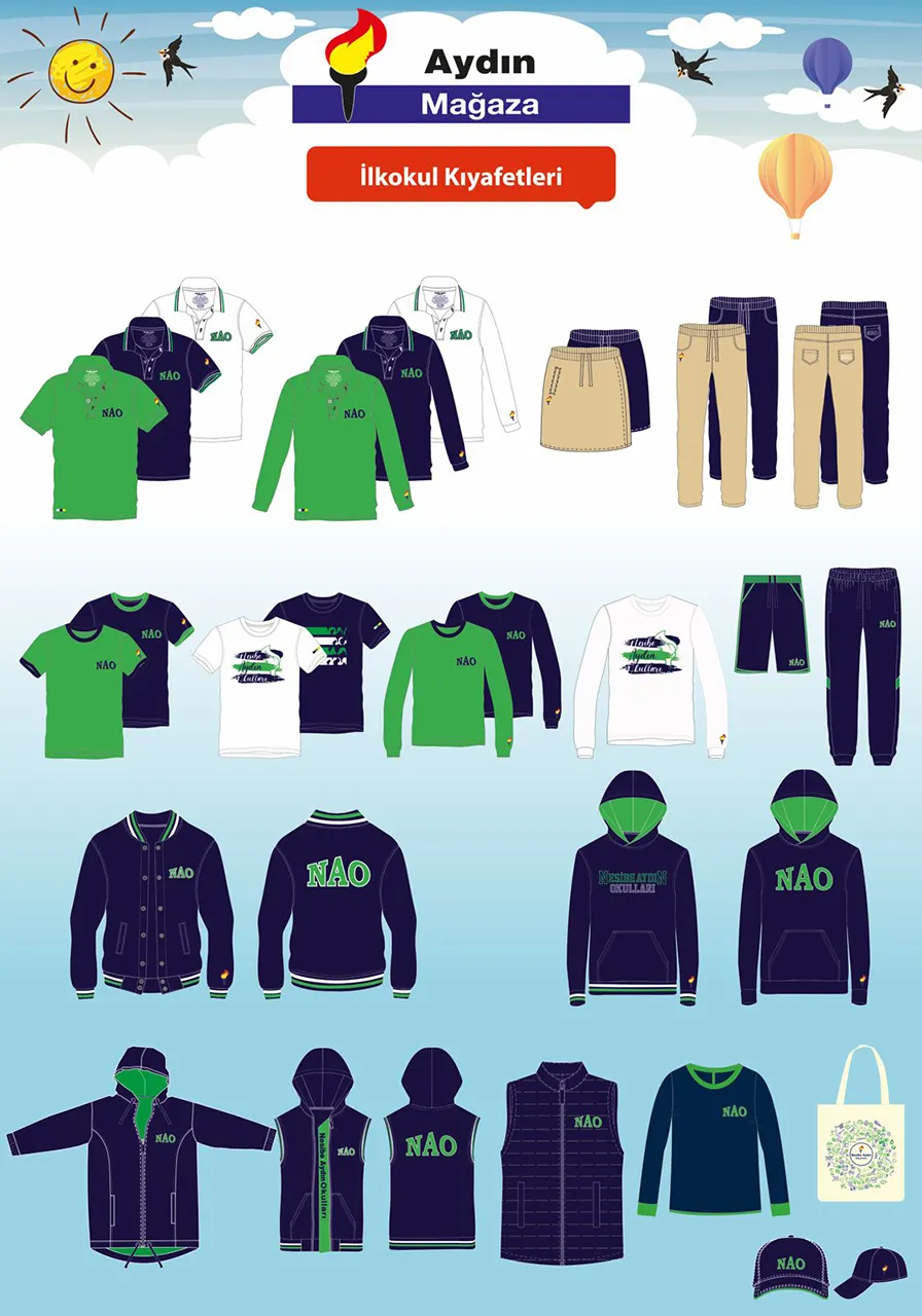 Aydın Mağaza ilkokul kıyafetleri: yeşil, lacivert ve beyaz tişört, polo yaka, sweatshirt, mont ve eşofman modelleri