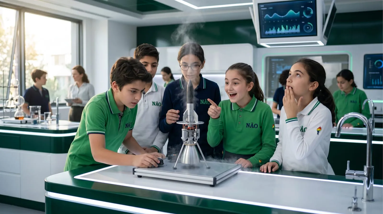 Ortaokul öğrencileri laboratuvarda bir deneyi heyecanla izliyor