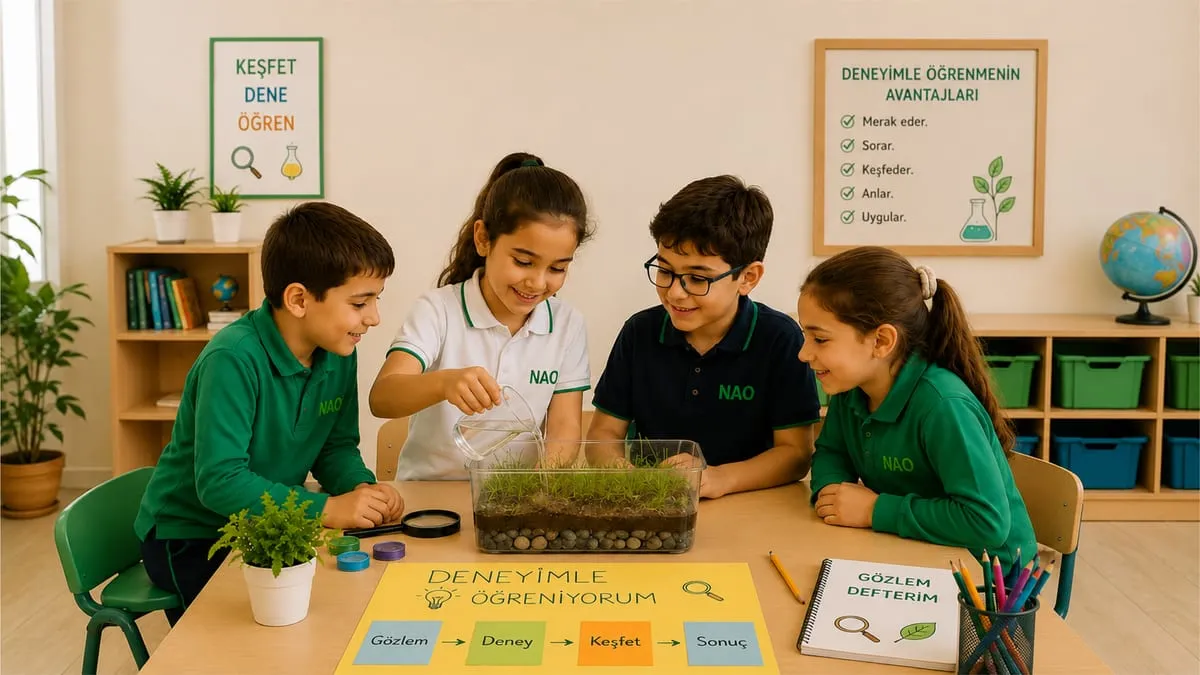 Sınıfta deney masası başında birlikte çalışan ilkokul öğrencileri