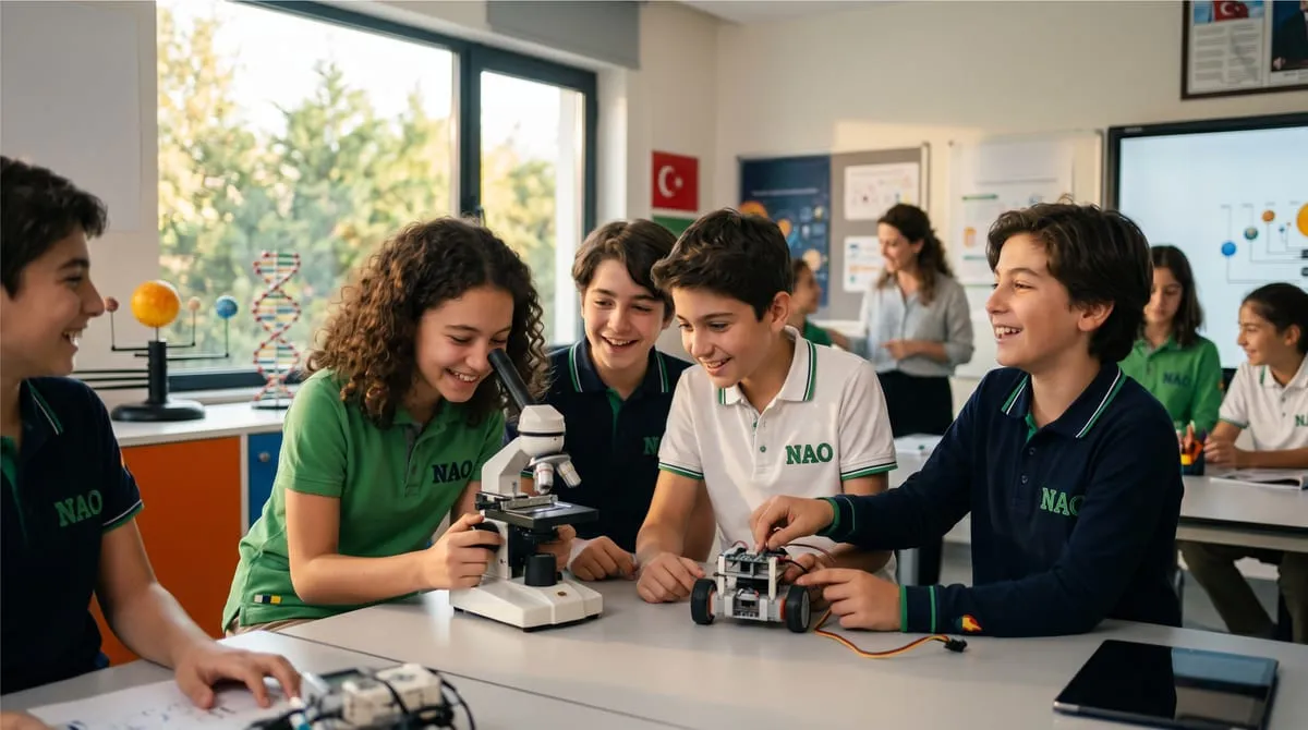 Mikroskop ve robotik setle proje yapan ortaokul öğrencileri
