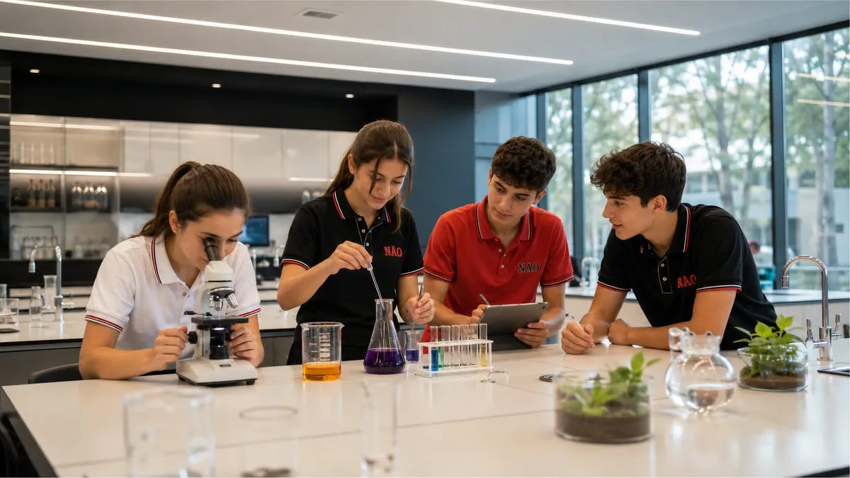 Laboratuvarda mikroskopla deney yapan fen lisesi öğrencileri