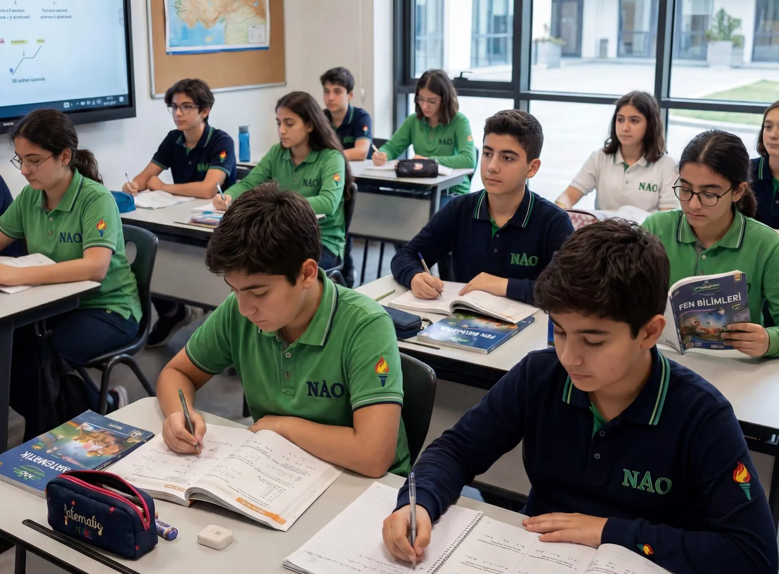 Ortaokul öğrencileri sınıfta kitap ve defterleriyle ders çalışıyor