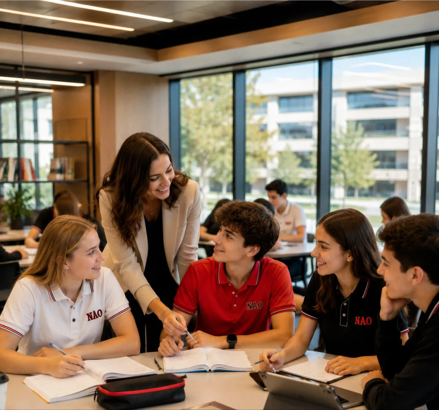 Lise öğrencileri öğretmenleriyle birlikte grup çalışması yapıyor