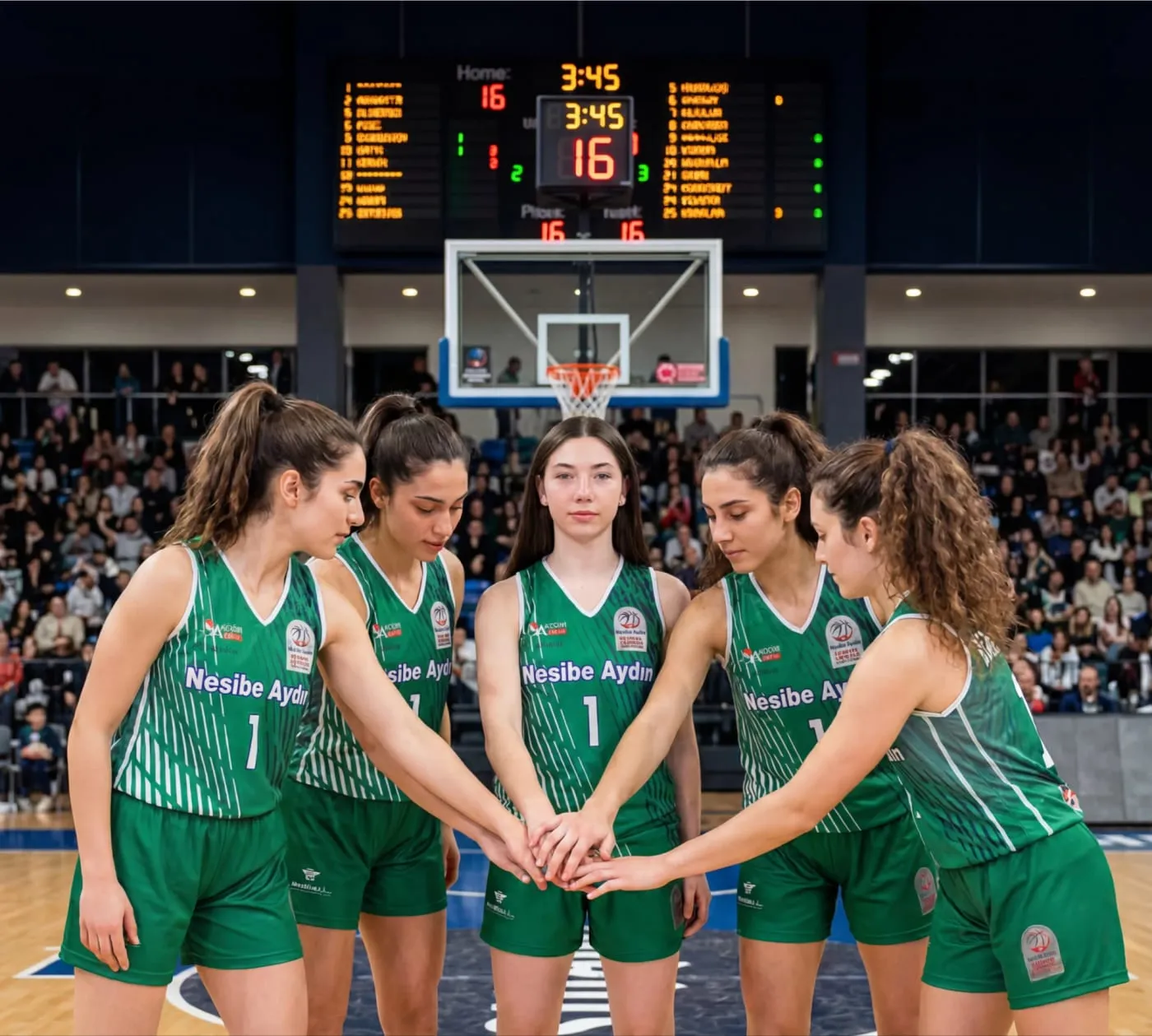 Kız basketbol takımımız maç öncesinde ellerini birleştiriyor