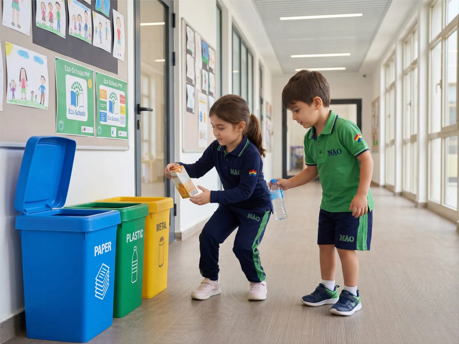 İki öğrenci okul koridorunda atıklarını kâğıt, plastik ve metal kutularına ayırıyor